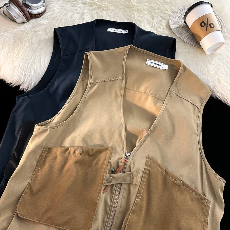 Japanese-Style Trendy Multi-Pocket Cargo V-Neck Vest Unisex Streetwear Bf Sports Vest Loose Sleeveless Jacket - Image 5